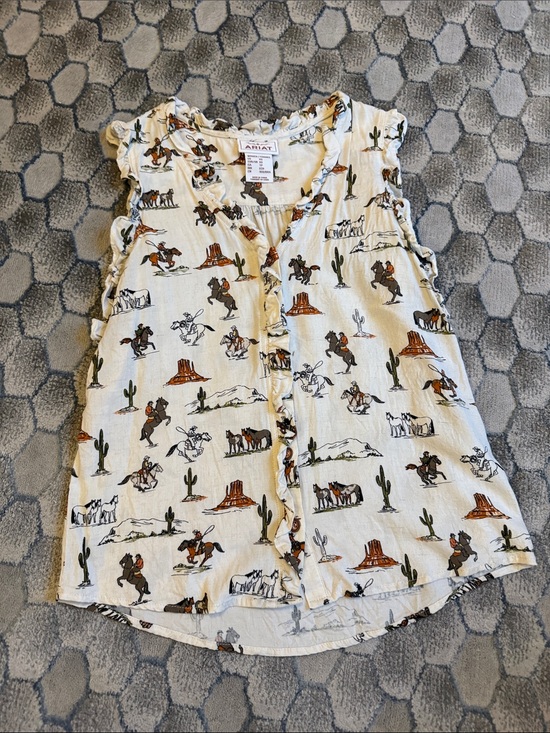 Ariat Tops - Ariat Cream Sleeveless Western Print Top with Brown and Green Motifs